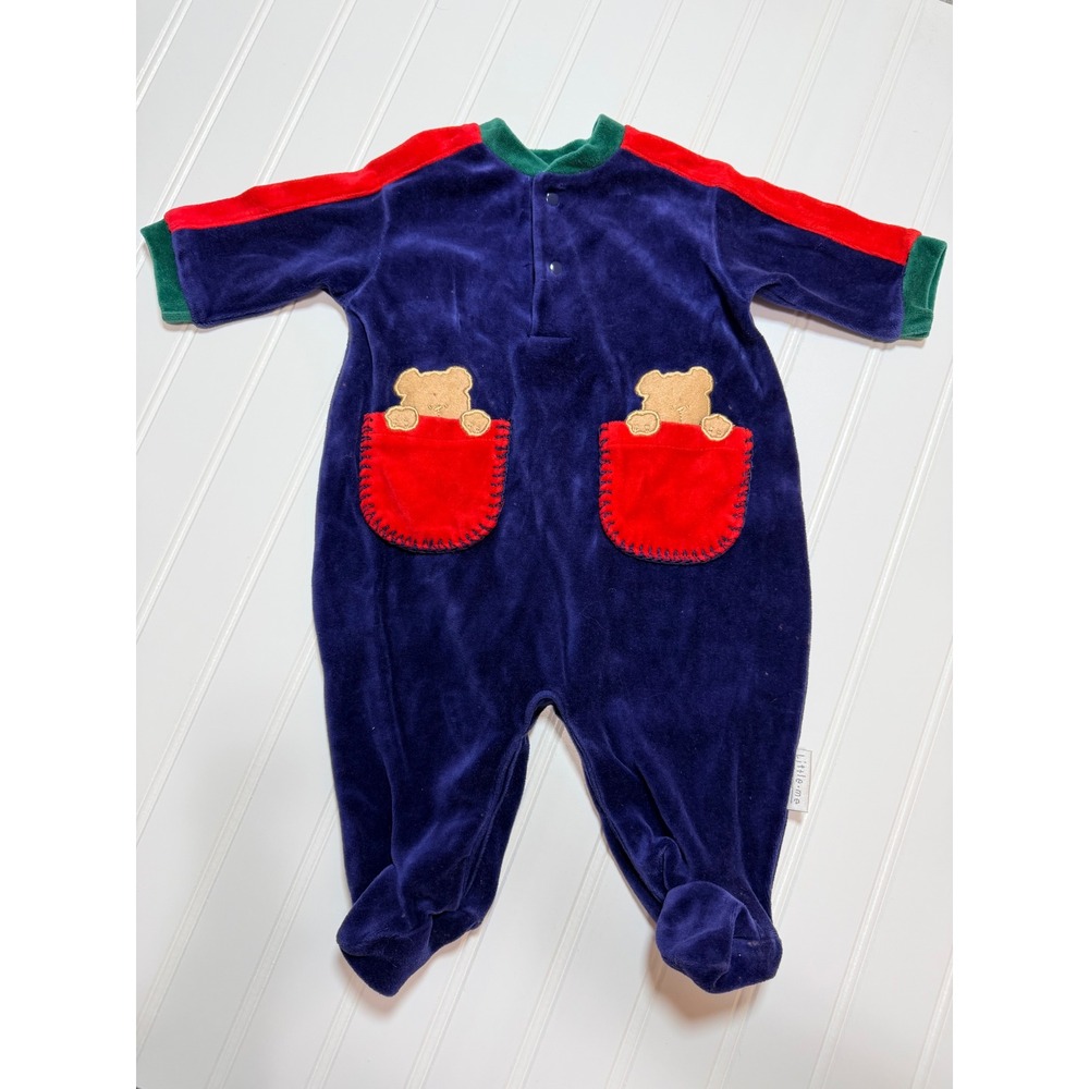 Little Me Vintage Baby Velour Footed Sleeper Navy Blue Bear Pockets 3-6 Months